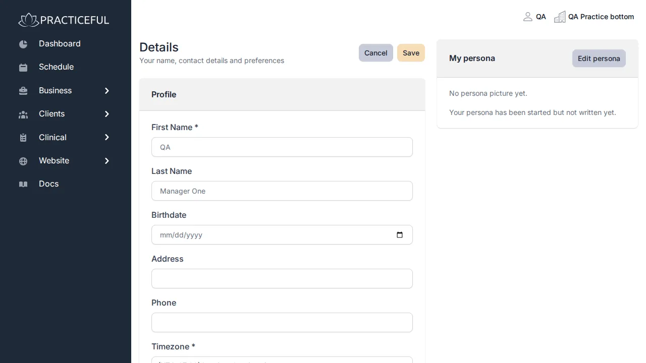 Practice dashboard screen