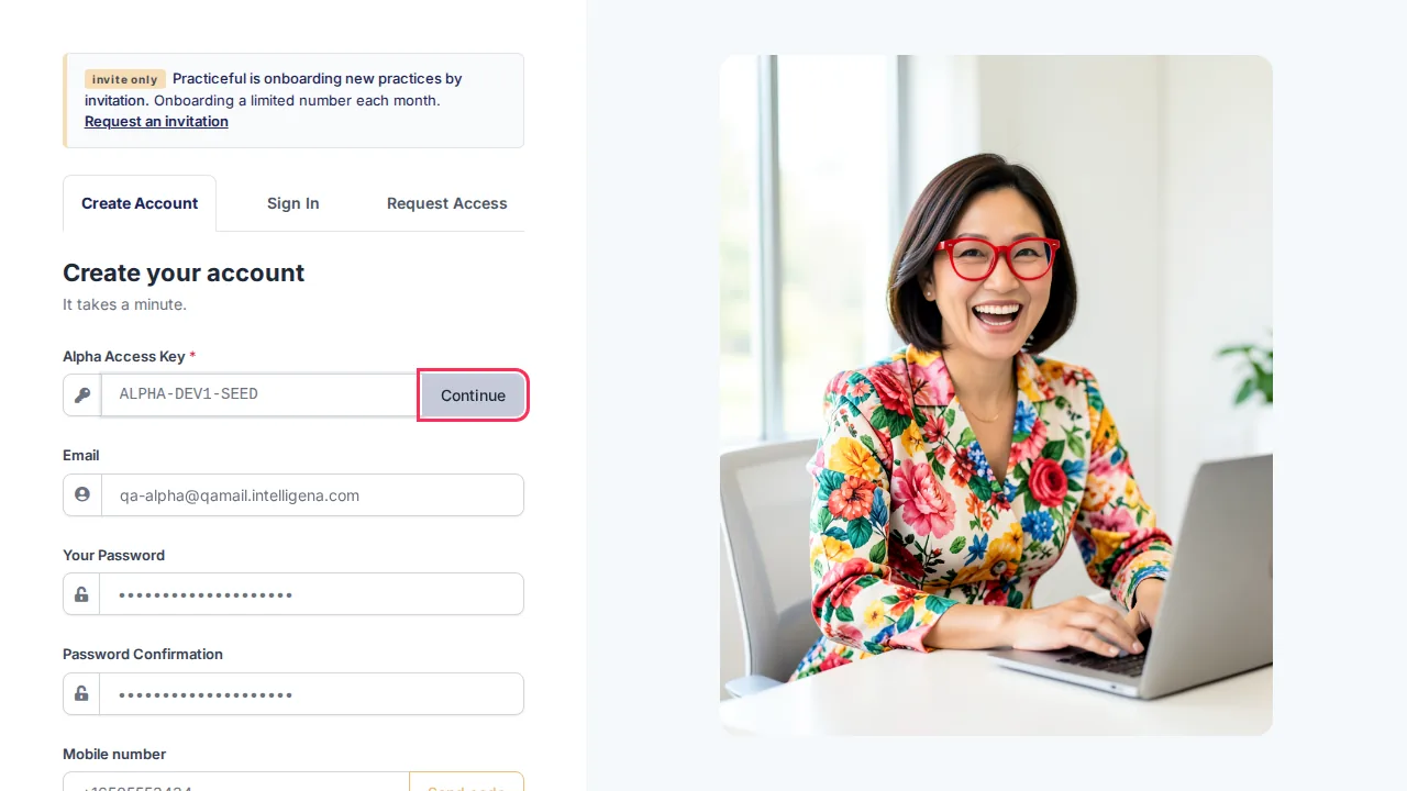 Create account / Request alpha access screen