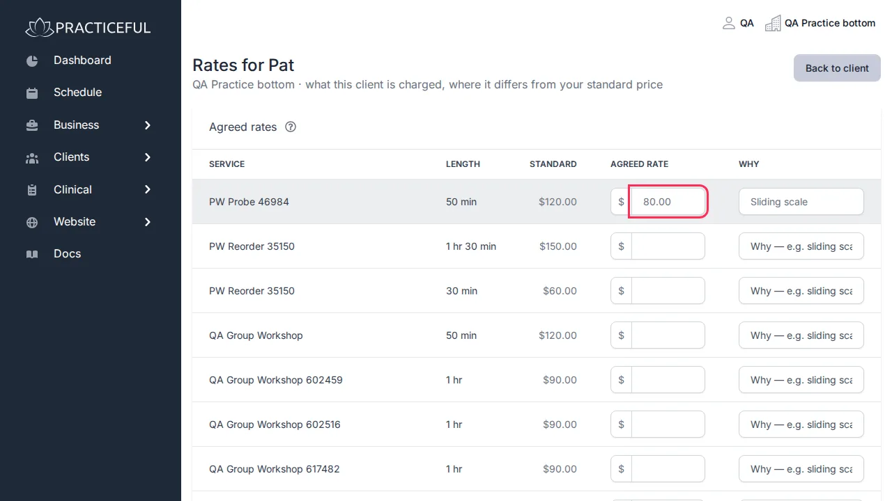 Client rates screen