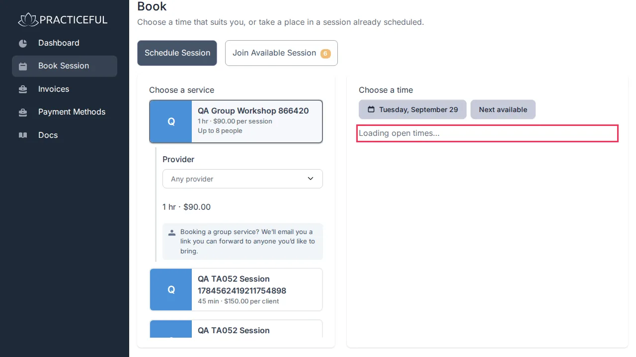 Book a session screen