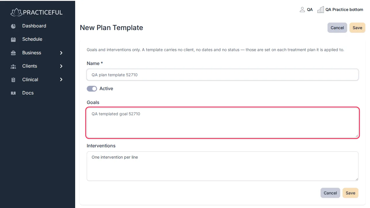 New plan template screen
