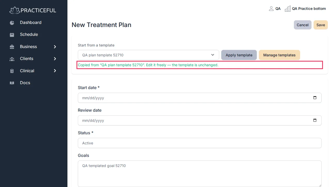 New treatment plan screen