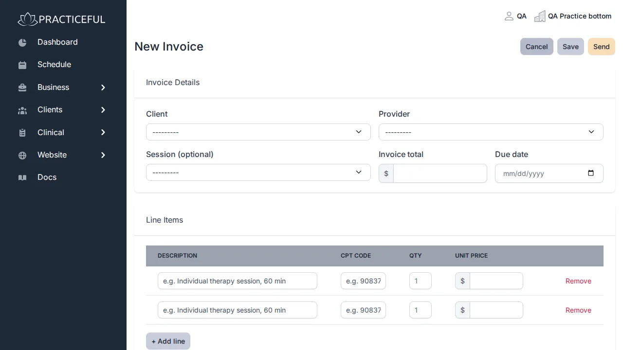 Invoices screen