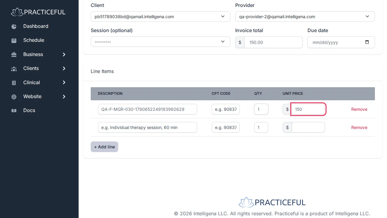 Create an invoice screen
